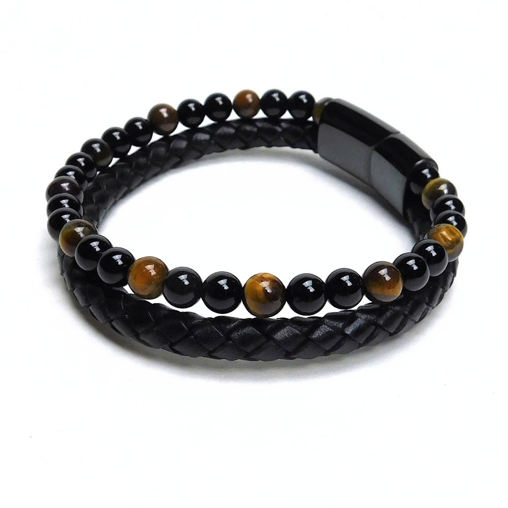 Mens Leather Tiger Eye Natural Stone Bracelet